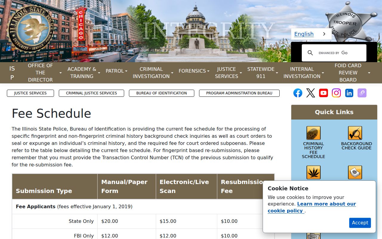 Illinois State Police criminal history fee schedule for Harrisburg record requests