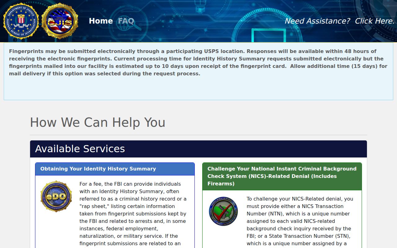 FBI identity history portal for personal record review from Saline County